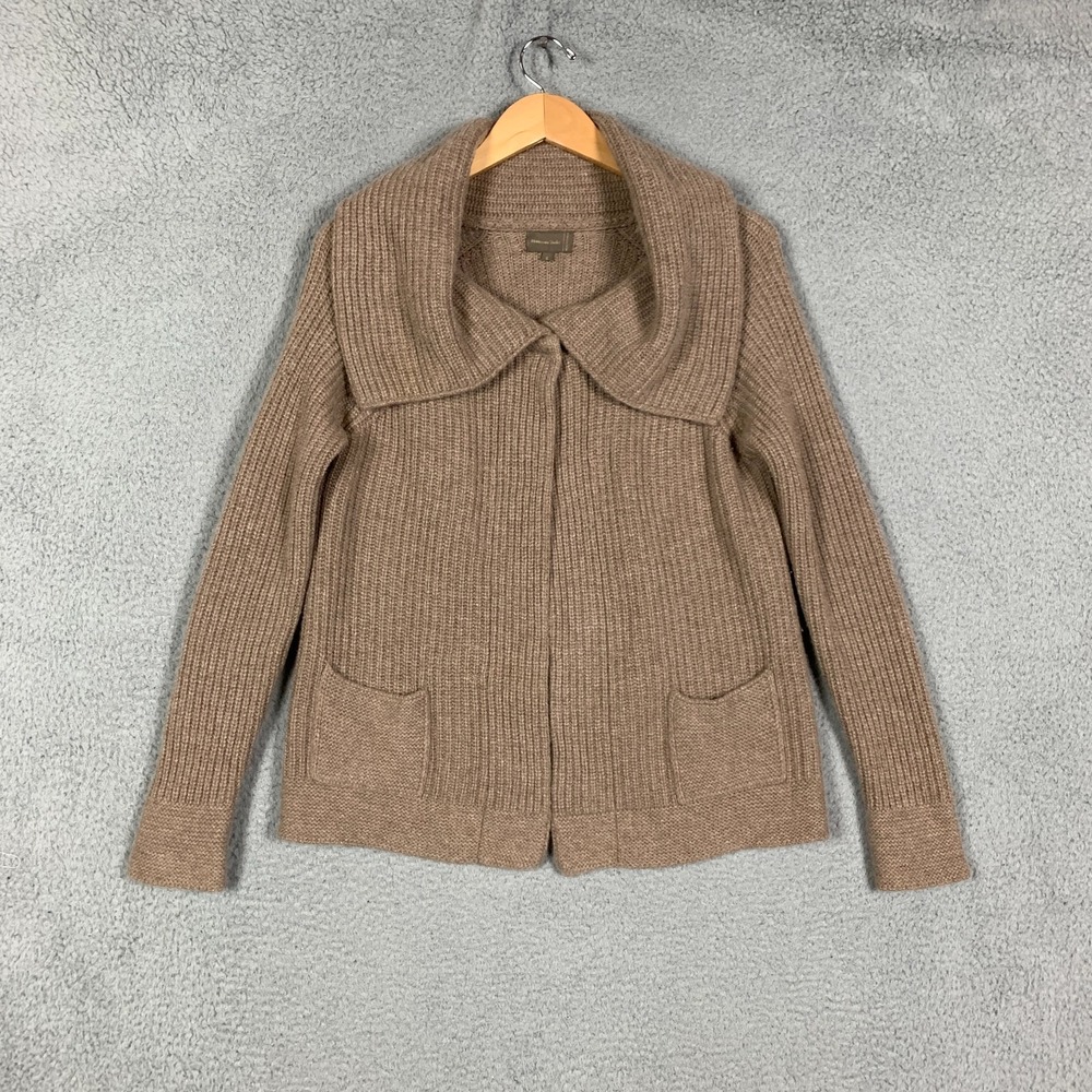 Mantovani Studio Cardigan Sweater Womens Small Tan Ribbed Collared Wool Cashmere